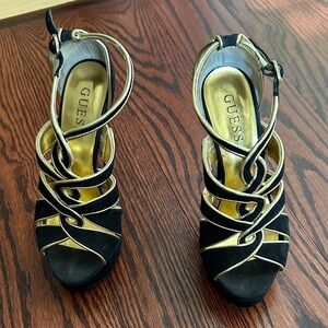 Guess Black and Gold Strappy Heels